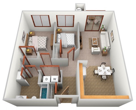 Floor plan for 2 beds, 1 bath, 931 sqft